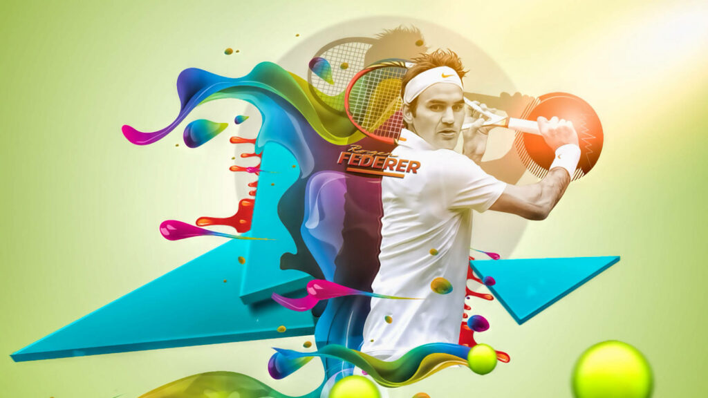 Vibrant Roger Federer Art Wallpaper: Dynamic Tennis Action Background