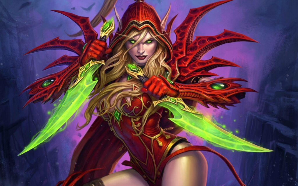 Vibrant Hearthstone Rogue with Red Armor & Green Daggers Wallpaper