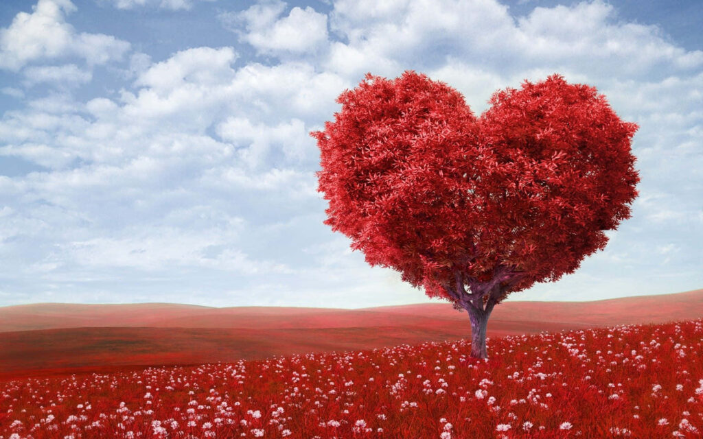 Vibrant Red Heart-Shaped Tree Wallpaper Amidst Flowers & Blue Sky
