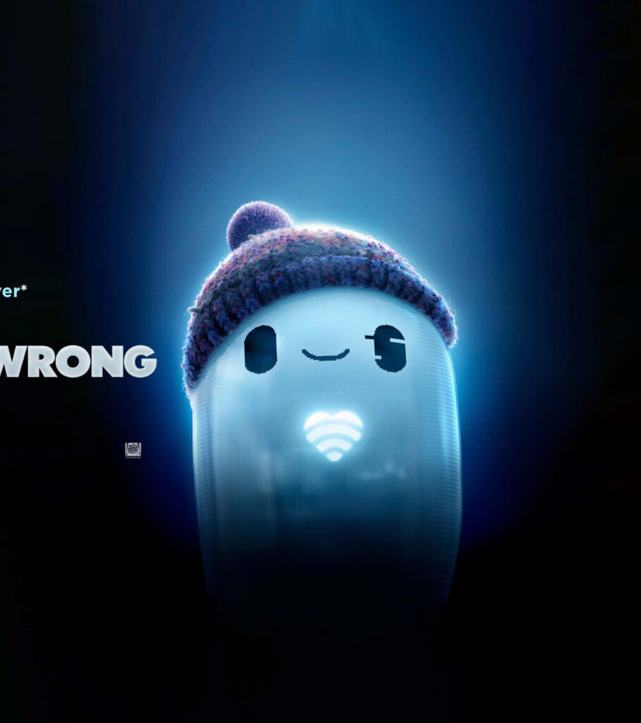 Vibrant Ron's Gone Wrong Bot Wallpaper: Cheerful Design on Dark Background