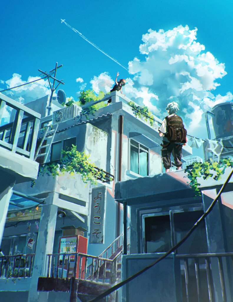 Vibrant Rooftop Adventure Anime Wallpaper with Clear Sky & Greenery