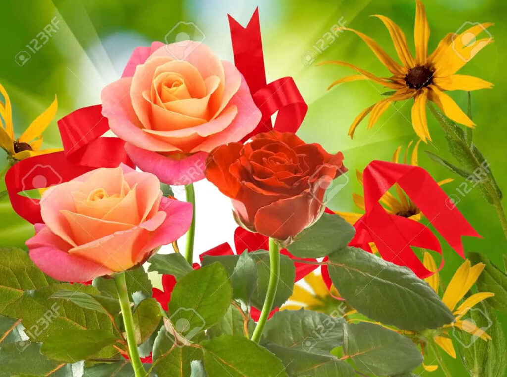 Vibrant Floral Wallpaper: Roses & Daisies with Green Background