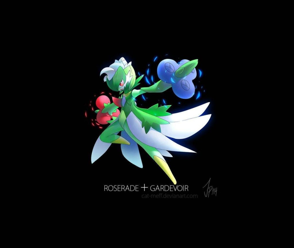 Vibrant Roserade Gardevoir hybrid digital art on black background dynamic colorful wallpaper