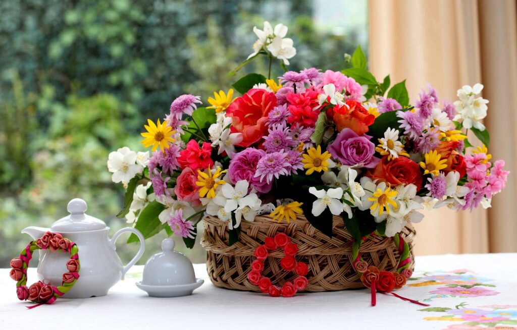 Vibrant Roses & Chrysanthemums in Basket: Stunning Floral Background Wallpaper