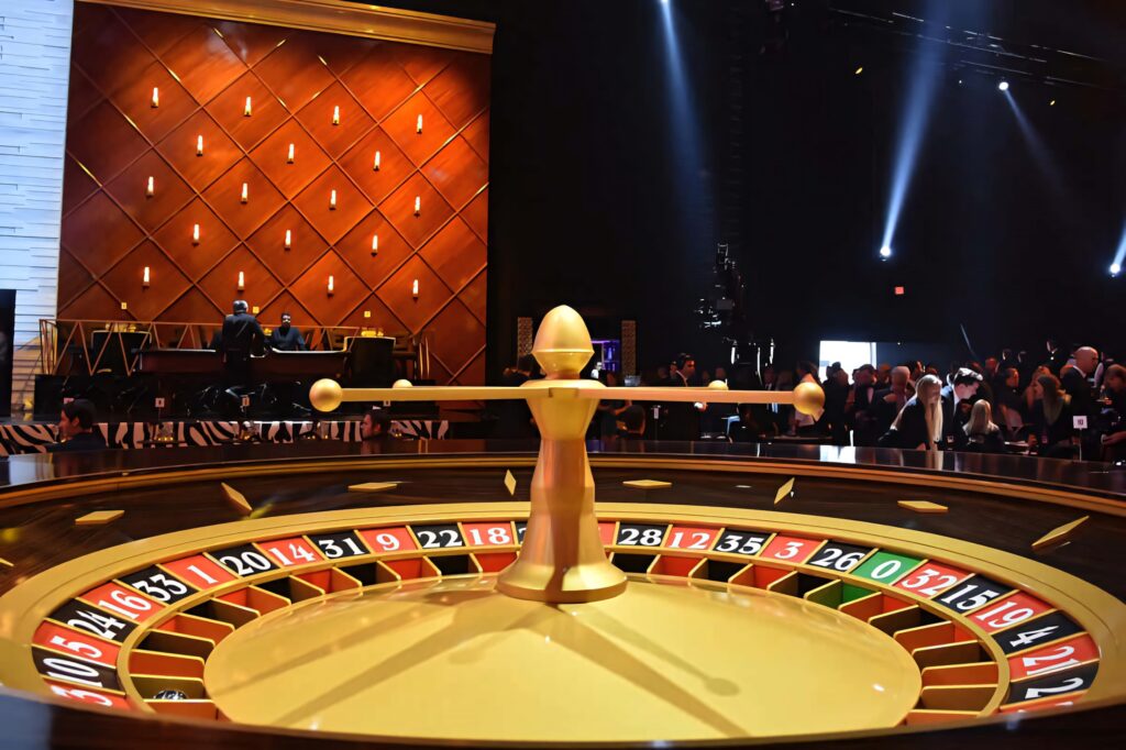 Vibrant casino roulette table wallpaper with gold red and green tones and dynamic lighting