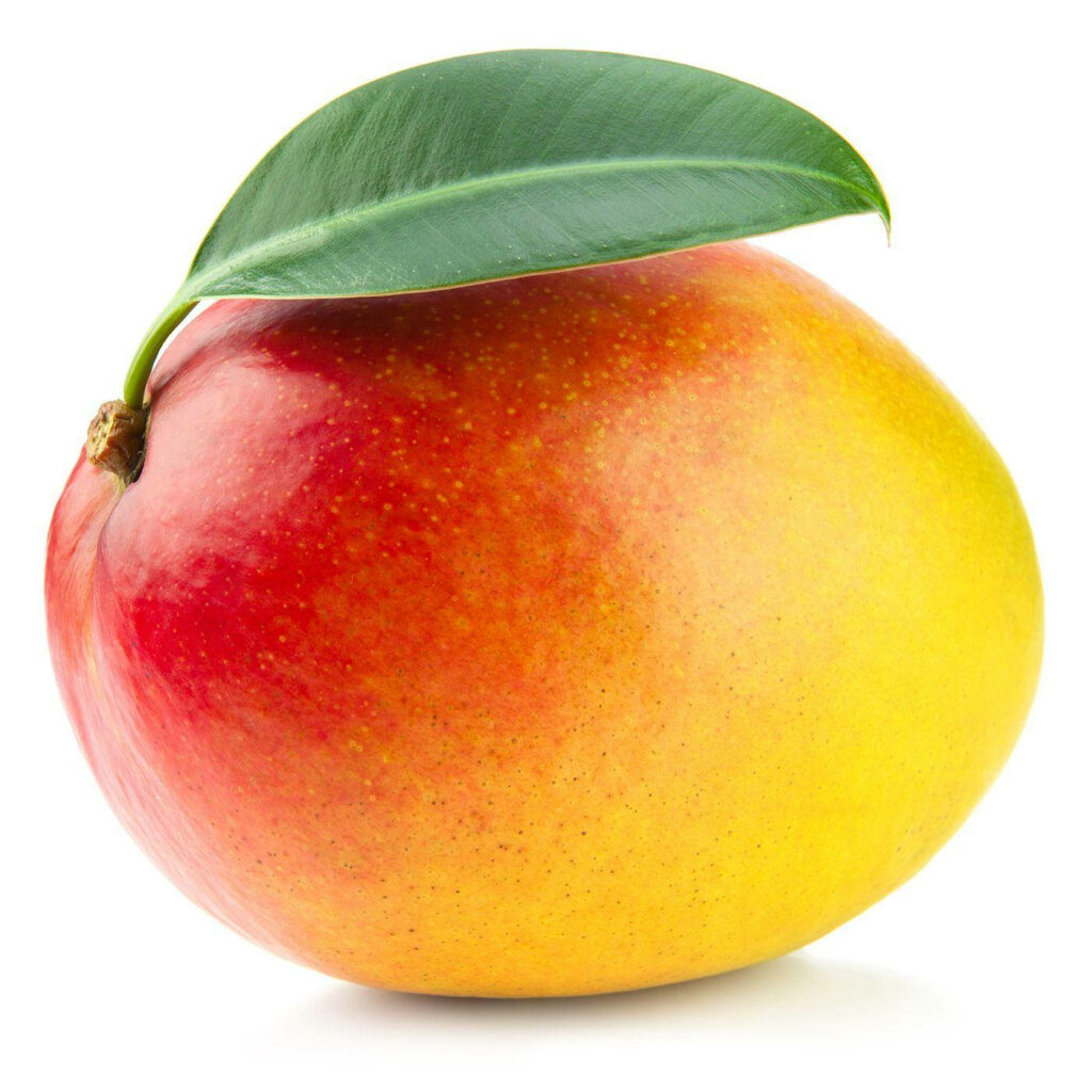 Vibrant Round Mango Wallpaper with Yellow-Red Gradient & Leaf
