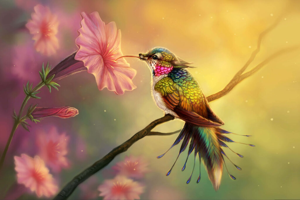 Ruby-Throated Hummingbird Sips Nectar in Golden Light Wallpaper