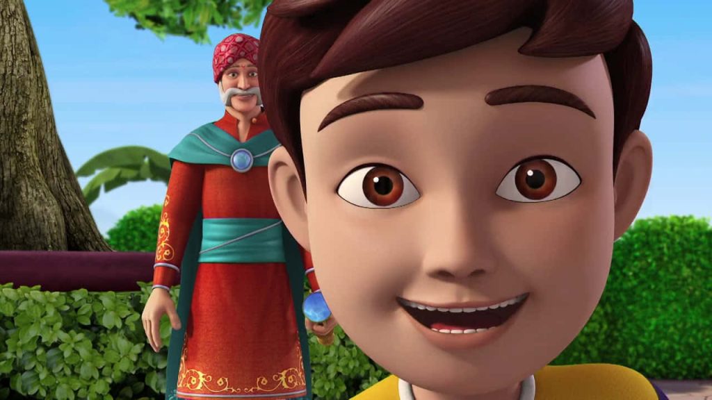 Cheerful 3D Rudra and grandfather Jai Singh in sunny garden vibrant cartoon wallpaper background