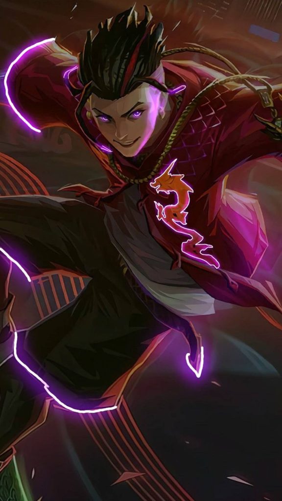 Mobile Legends S T U N Chou vibrant neon wallpaper with glowing purple dragon emblem action pose