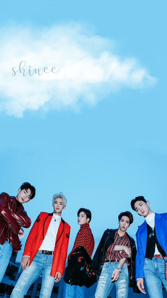 Stylish SHINee Wallpaper: Vibrant K-POP Members Against Blue Sky