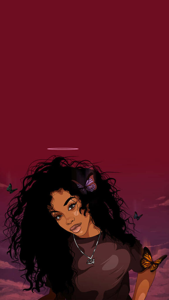 Vibrant SZA Portrait Wallpaper with Butterflies on Red Gradient