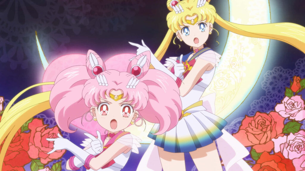 Vibrant Sailor Moon & Chibi Moon Wallpaper with Roses & Crescent Moon
