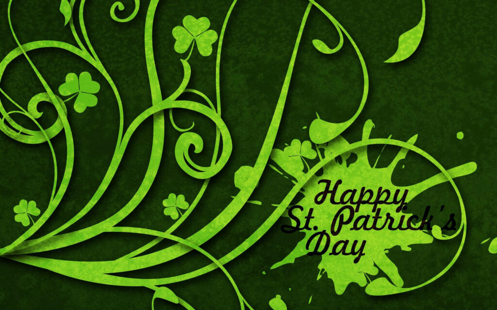 Vibrant Saint Patricks Day wallpaper with swirling green vines shamrocks and paint splatter effects