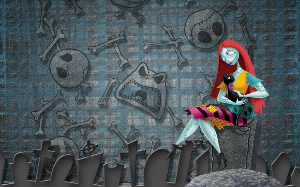 Vibrant Sally Wallpaper: Iconic Patchwork Dress in Spooky Graveyard