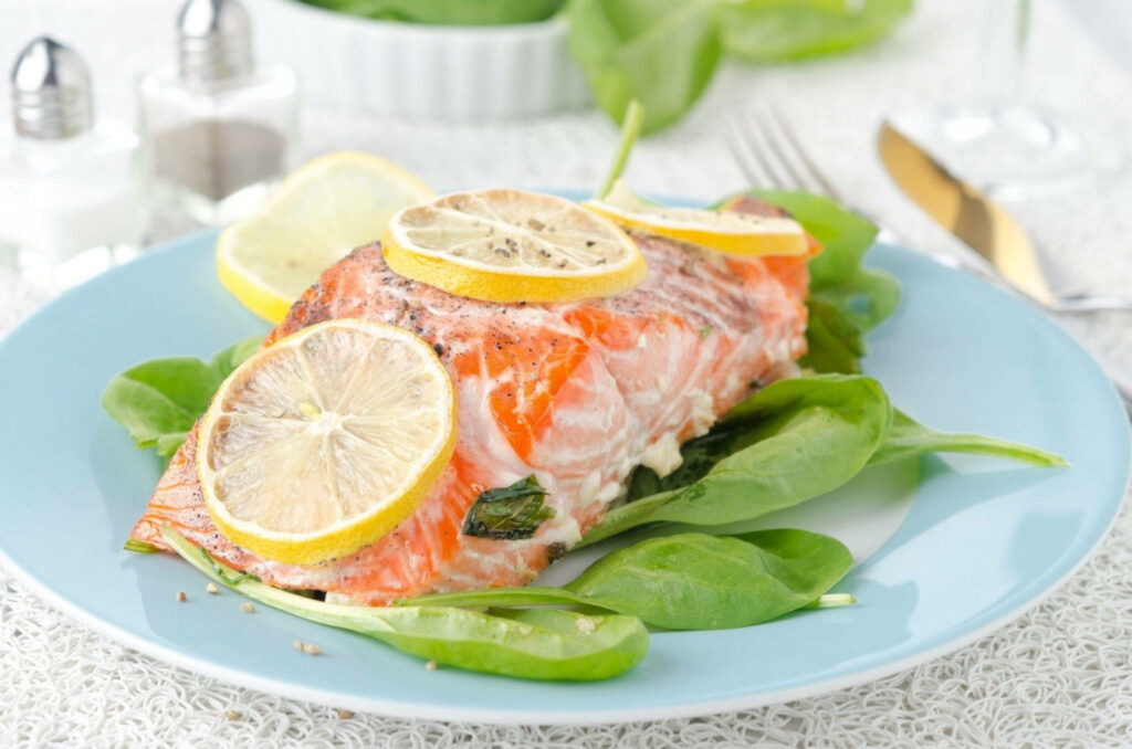 Vibrant Salmon Wallpaper: Fresh Fillet with Lemon & Greens