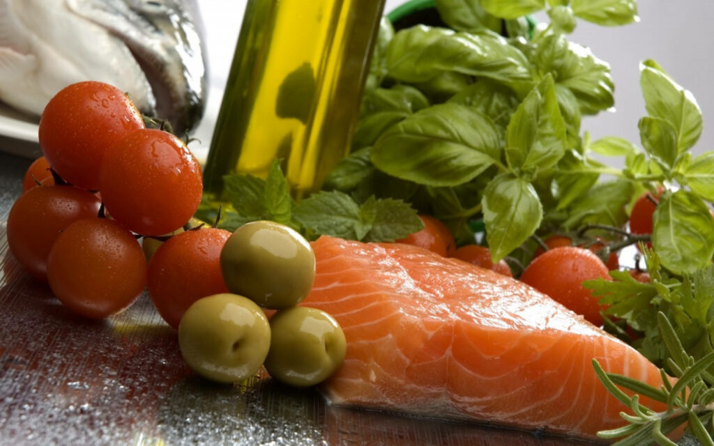 Vibrant Salmon and Olive Wallpaper: Fresh Food Composition