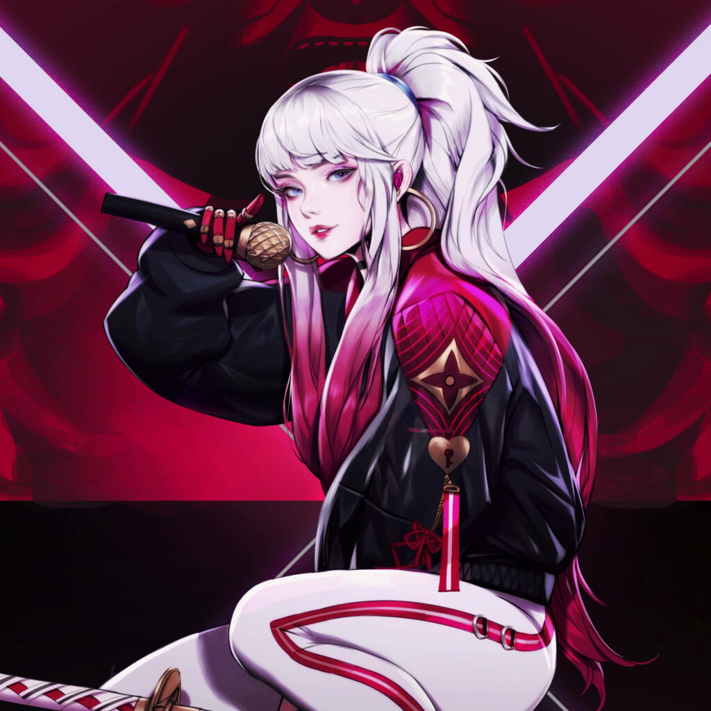 Elegant Anime Wallpaper: Confident Female Samurai with Pink Accents
