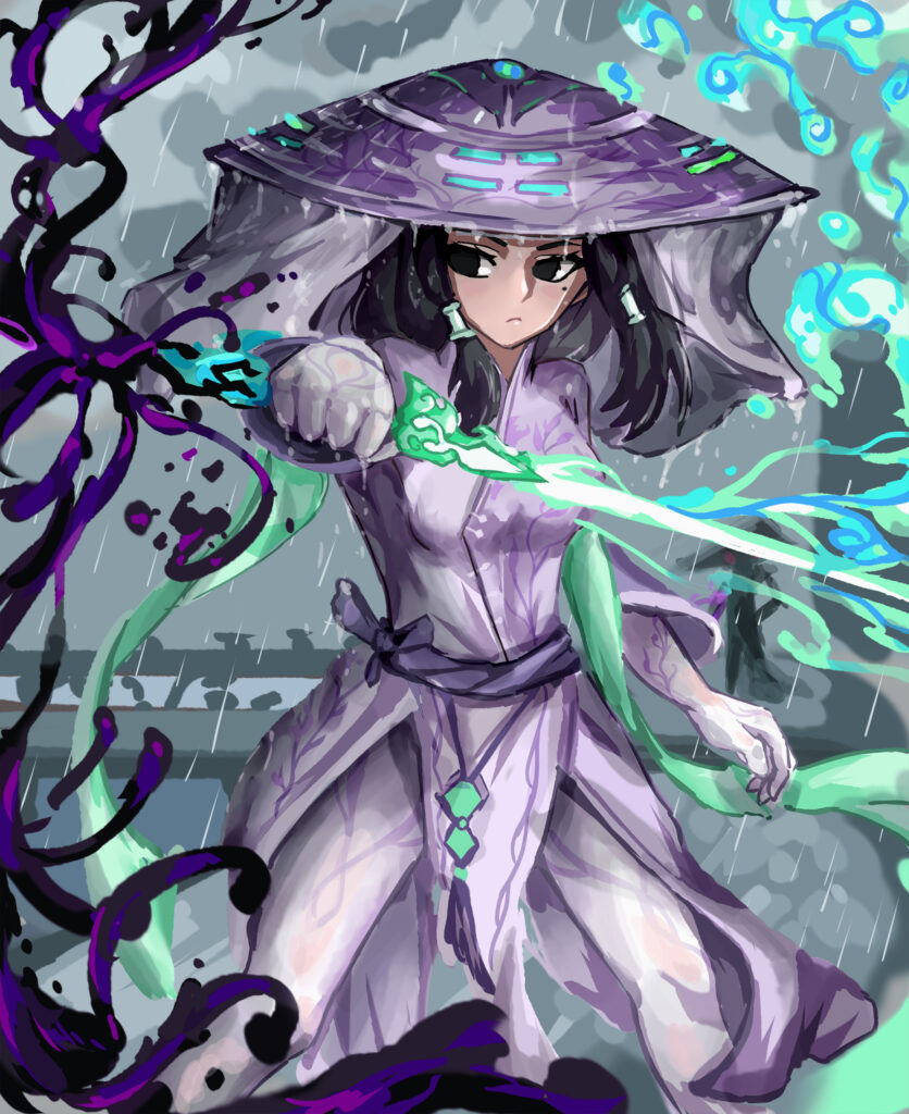 Anime Samurai Wallpaper: Girl with Glowing Sword in Rainy Colorful Scene