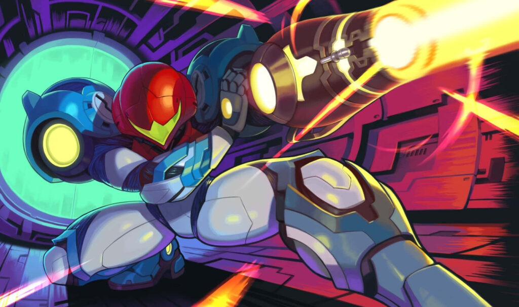 Epic Samus Aran Battle Wallpaper from Metroid Dread in Vivid Colors