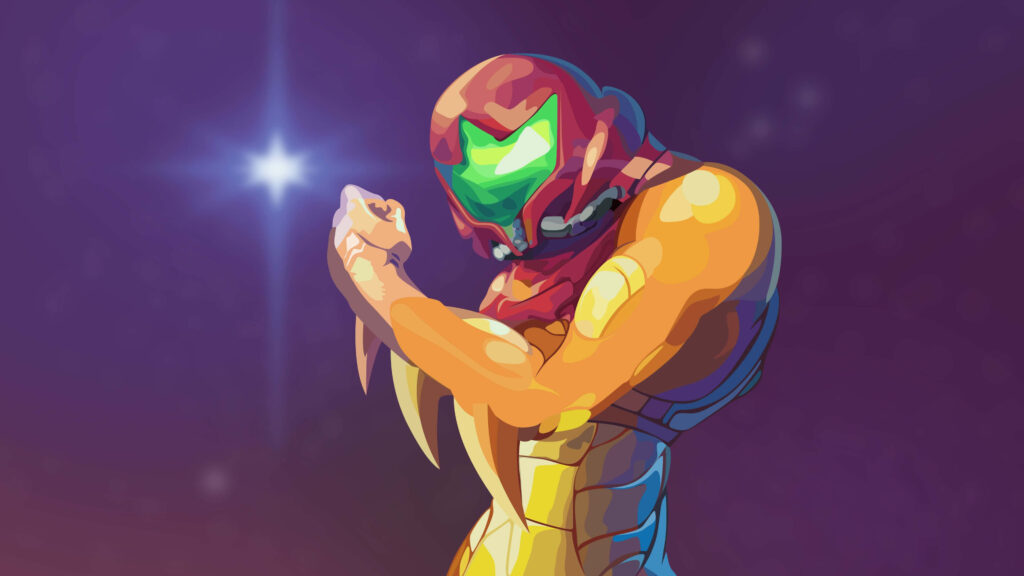 Samus Aran in Action: Dynamic Metroid Dread Wallpaper Background