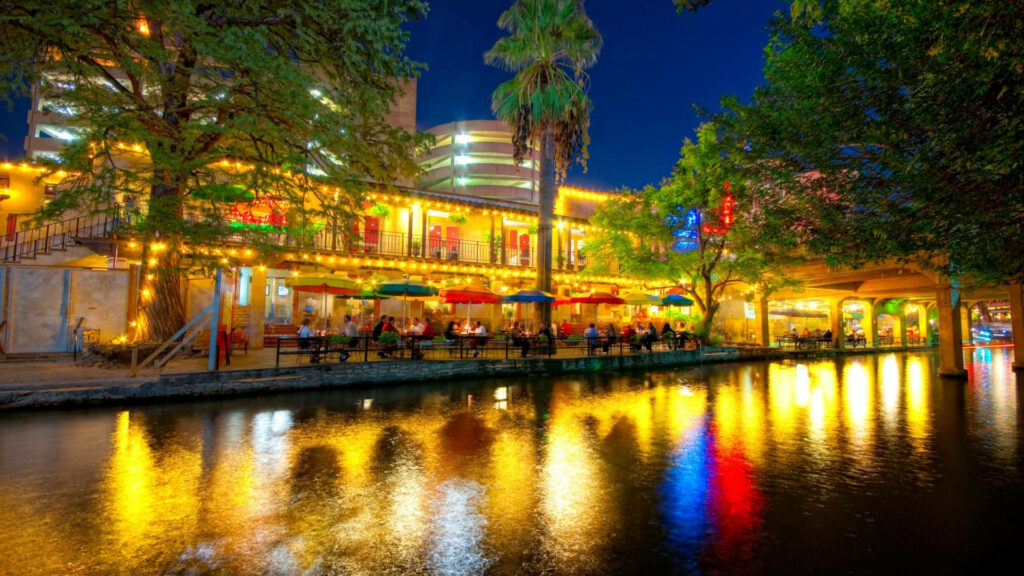 Vibrant San Antonio Night View: Colorful Riverside Wallpaper