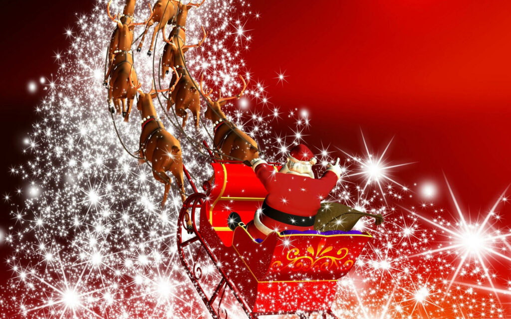 Vibrant Red Christmas Wallpaper: Santa, Reindeer & Magical Lights
