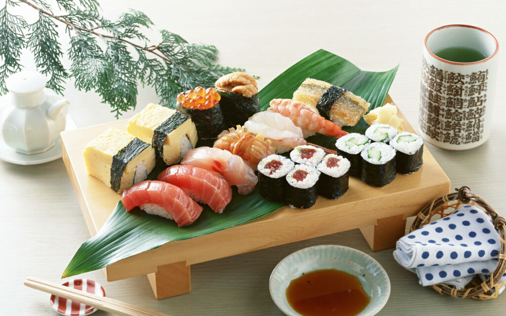 Vibrant Sushi & Sashimi Wallpaper: Traditional Japanese Dining