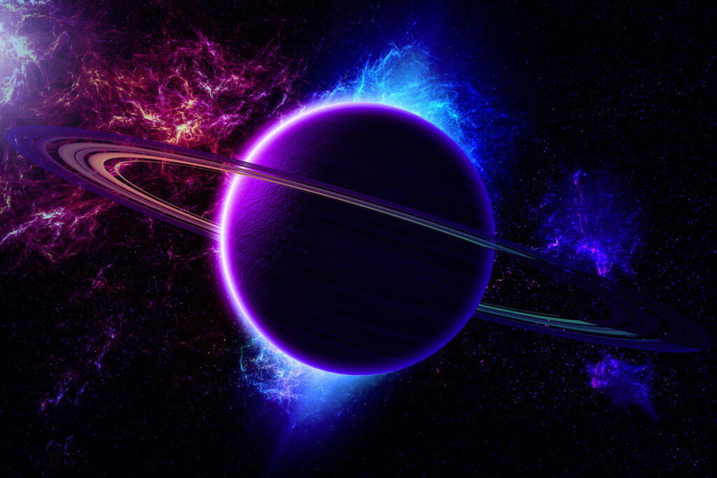 Vibrant Saturn Wallpaper: Luminous Rings & Cosmic Purple-Blue Background