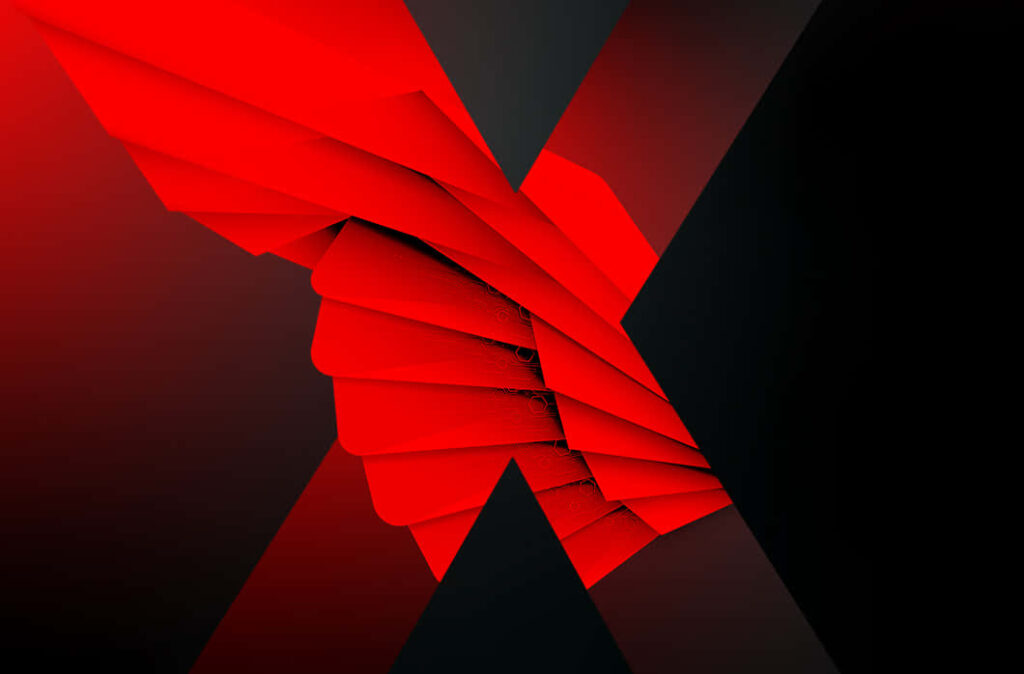 Folding Visions: Scarlet Origami Sculpture Unfolding Amidst Dynamic Black and Red Gradient Wallpaper