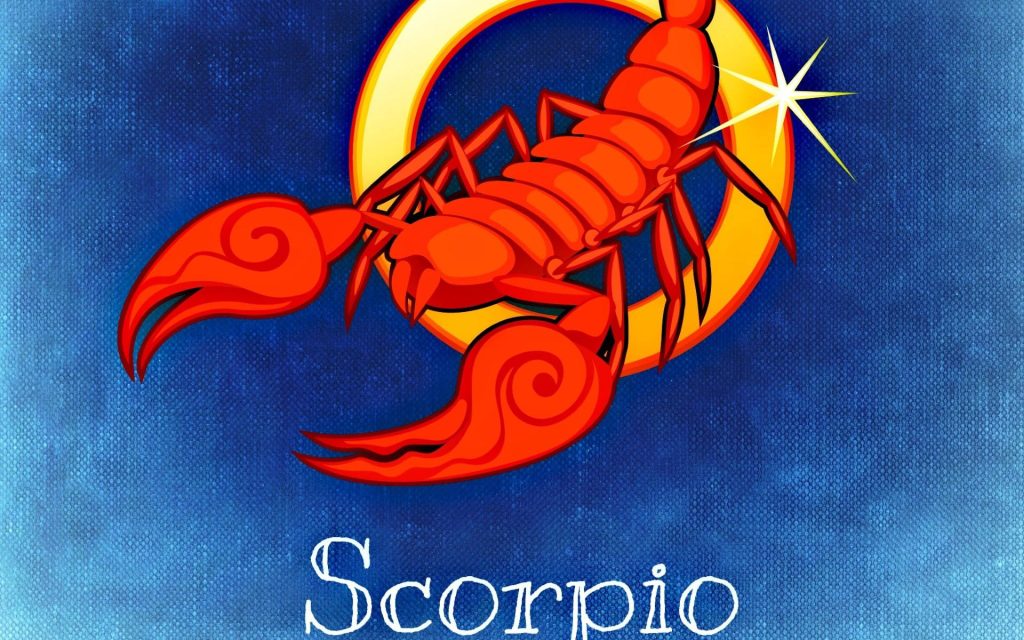 Vibrant Scorpio wallpaper with red scorpion blue textured background glowing yellow ring star