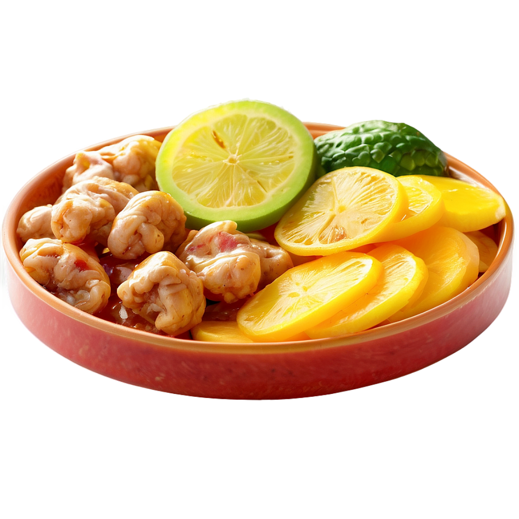 Vibrant Seafood Citrus Dish on Reddish-Orange Plate - Colorful Wallpaper