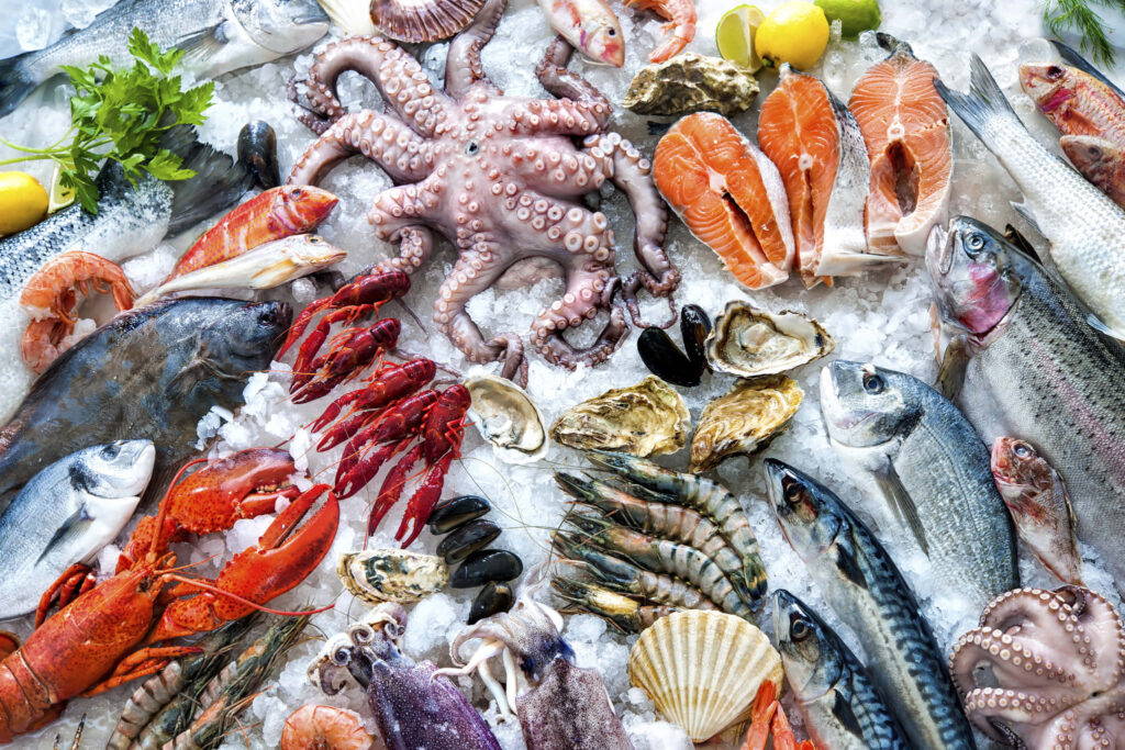 Colorful Fresh Seafood Arrangement on Ice - Vibrant Wallpaper Background