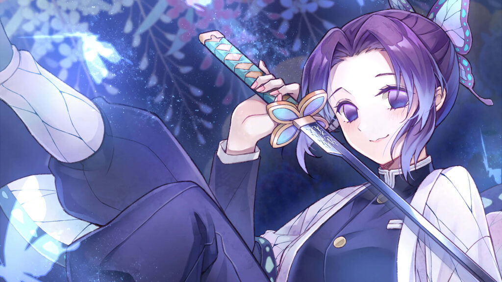 Shinobu Kocho Wallpaper: Elegant Demon Slayer Art in Purple Floral