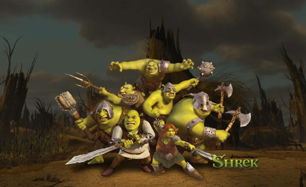 Action-Packed Shrek and Ogres Wallpaper in Dark Swampy Scene