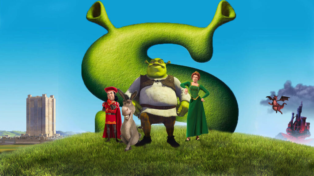 Vibrant Shrek Wallpaper: Fiona, Donkey & Farquaad in Colorful Scene