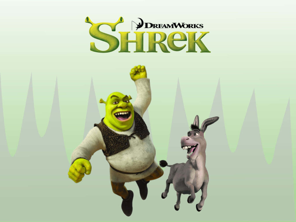 Shrek & Donkey Vibrant Wallpaper with DreamWorks Logo - Light Green