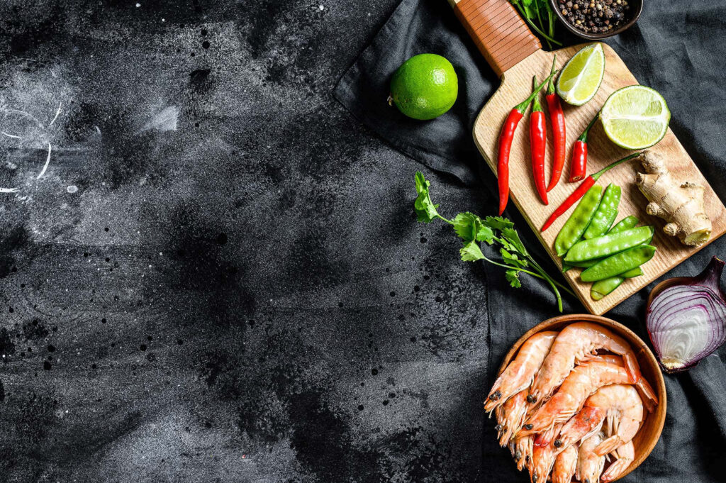 Vibrant Fresh Ingredients Wallpaper: Shrimp, Herbs & Spices Art