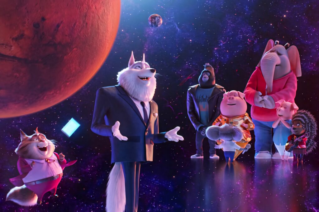 Vibrant Sing 2 Characters in Celestial Space Museum Wallpaper