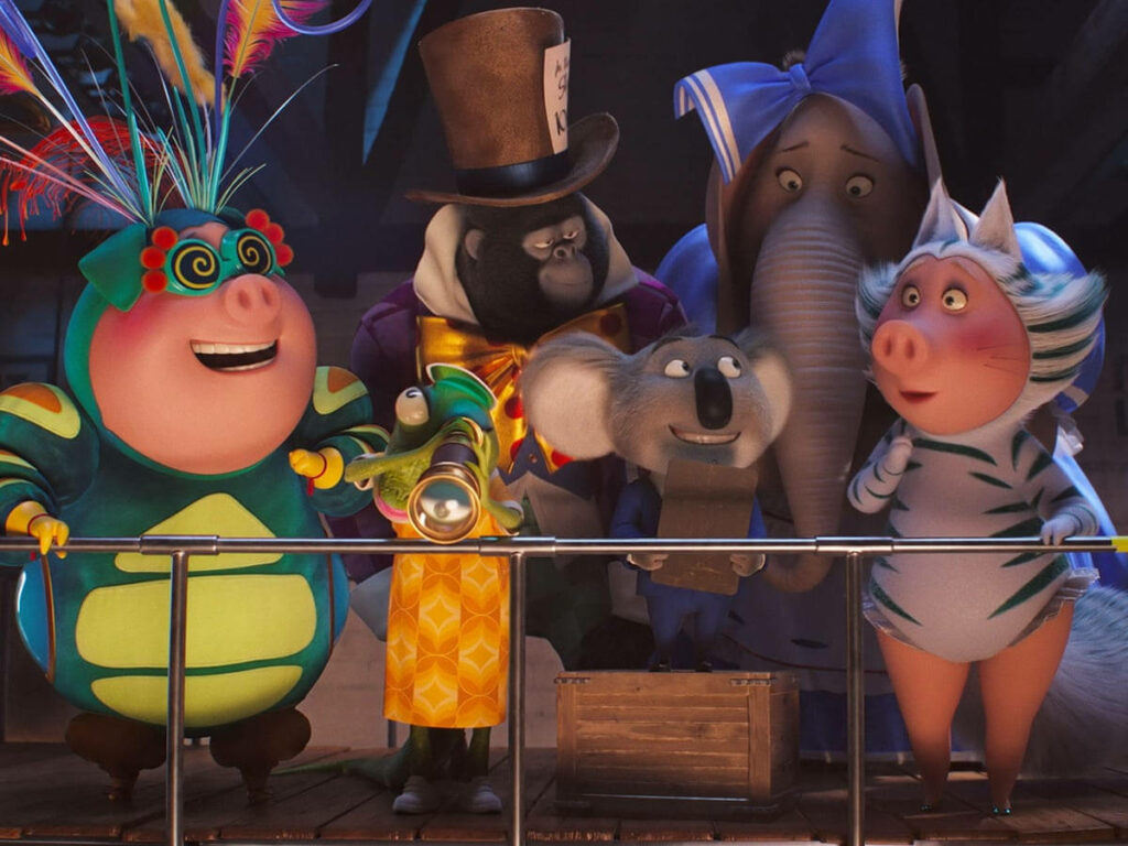 Vibrant Sing 2 Wallpaper: Characters in Quirky Costumes on Balcony