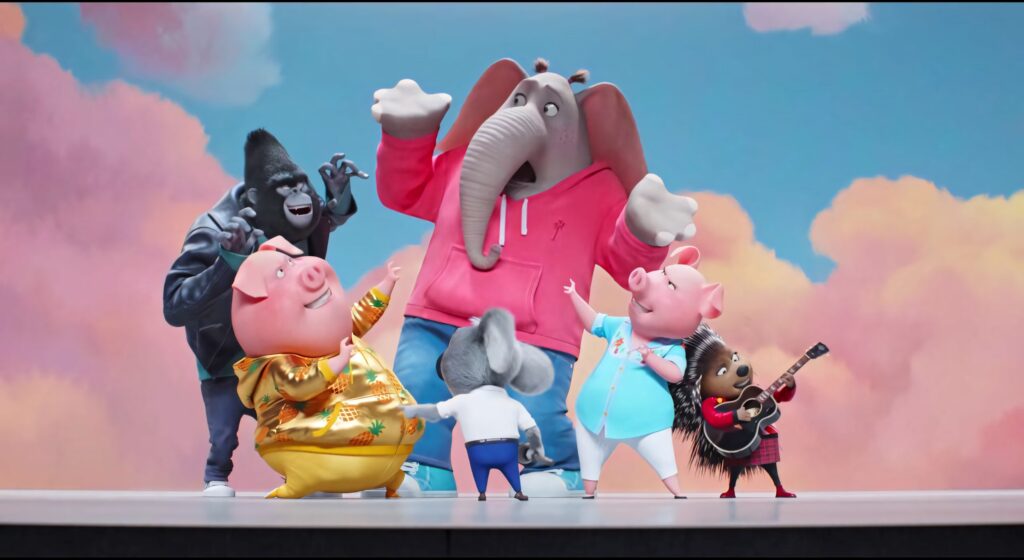 Cheerful Sing 2 Characters Wallpaper with Soft Pink Clouds