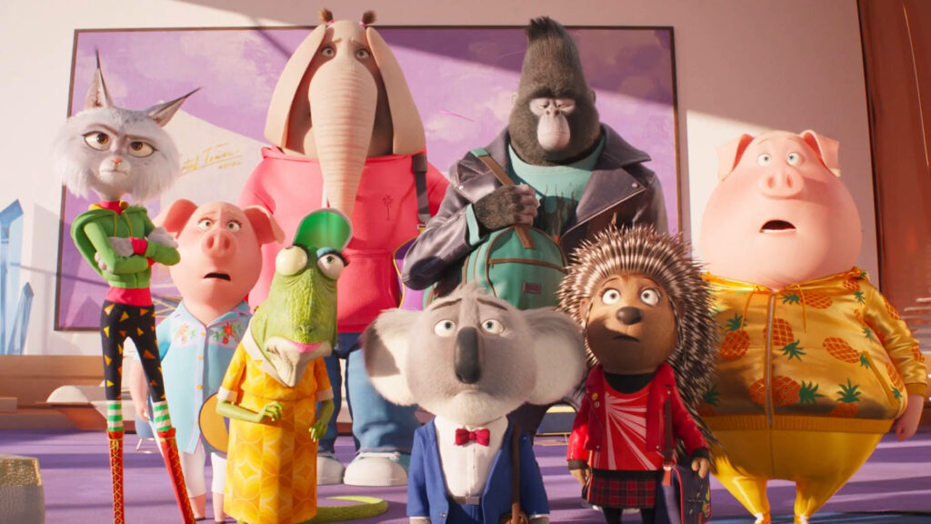 Vibrant Sing 2 Wallpaper: Colorful Animal Characters in Confused Expressions