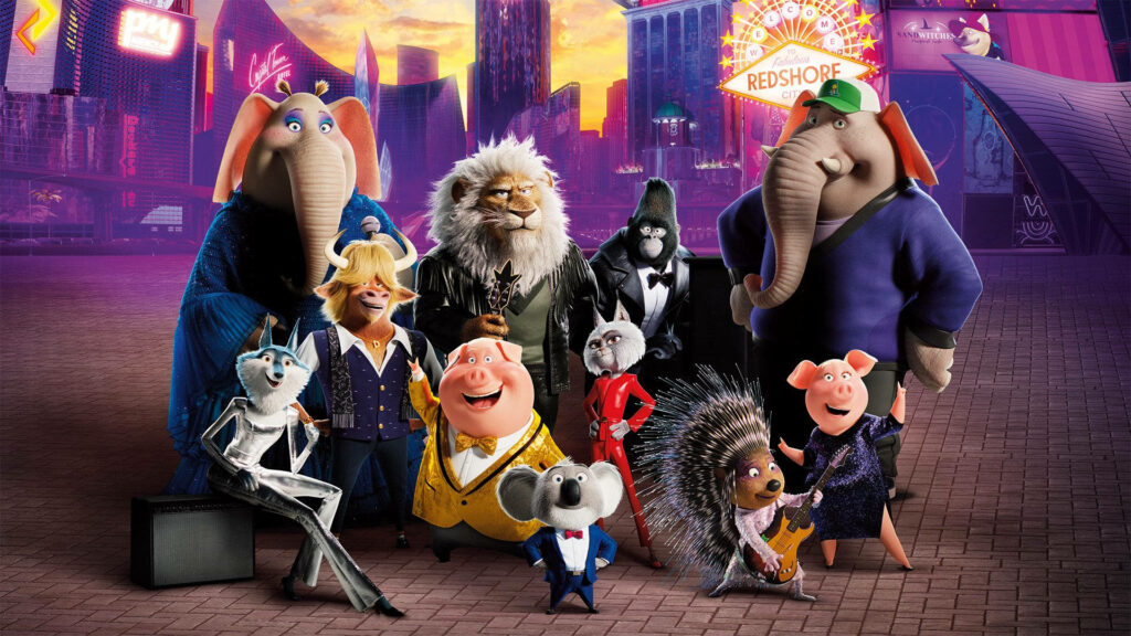 Vibrant Sing 2 Wallpaper: Ensemble Cast Against Colorful Cityscape