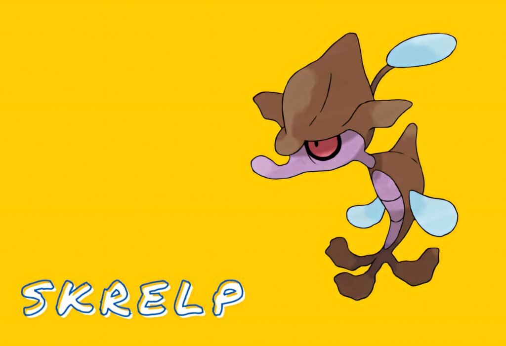 Vibrant Skrelp Wallpaper on Yellow Background with Playful Font