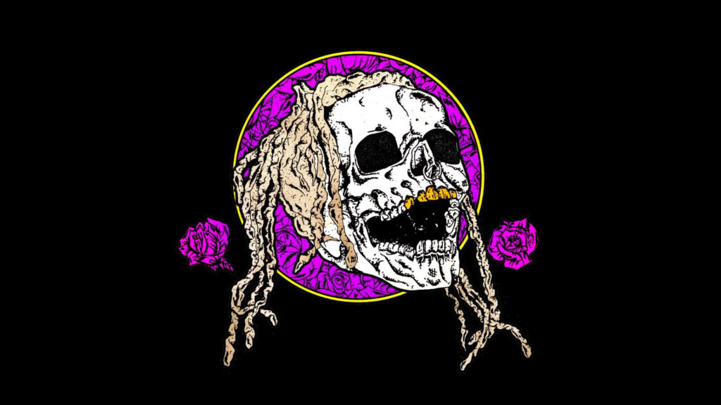Vibrant Skull Art Wallpaper with Dreadlocks & Purple Roses