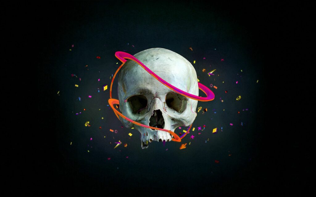 Vibrant Skull Art: Smooth Lines, Colorful Rings & Dynamic Confetti Wallpaper