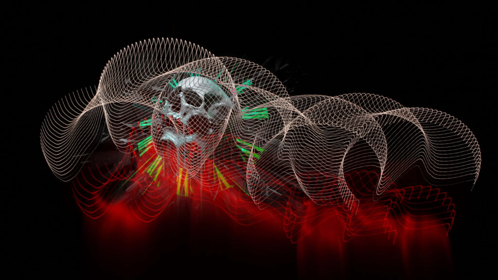 Vibrant Skull Abstract Wallpaper with Light Trails on Black Background