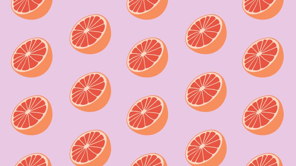 Minimalist digital wallpaper with vibrant sliced grapefruits pattern on pastel lavender background