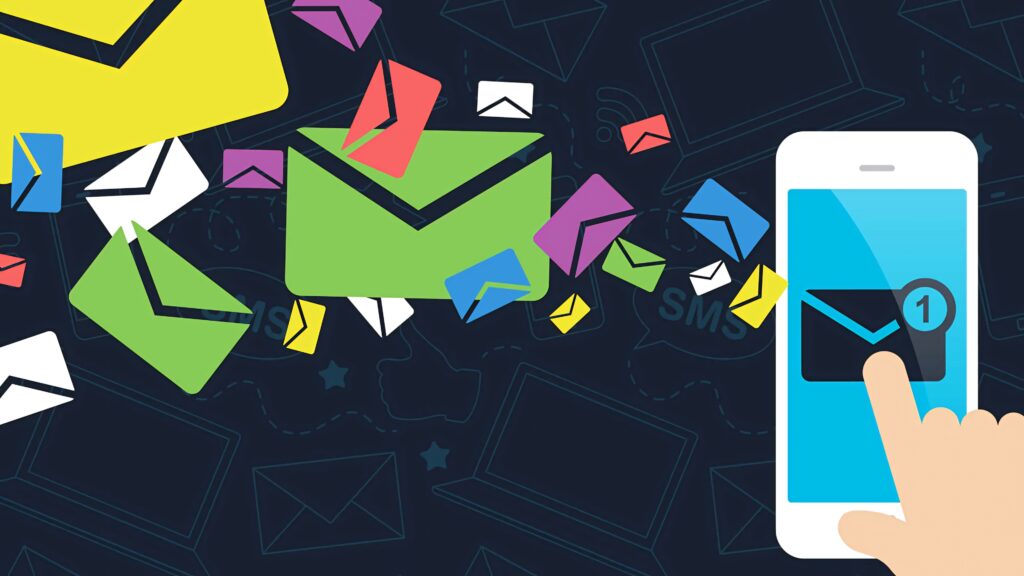 Hand holding smartphone with colorful email icons flying out vibrant digital communication illustration Wallpaper