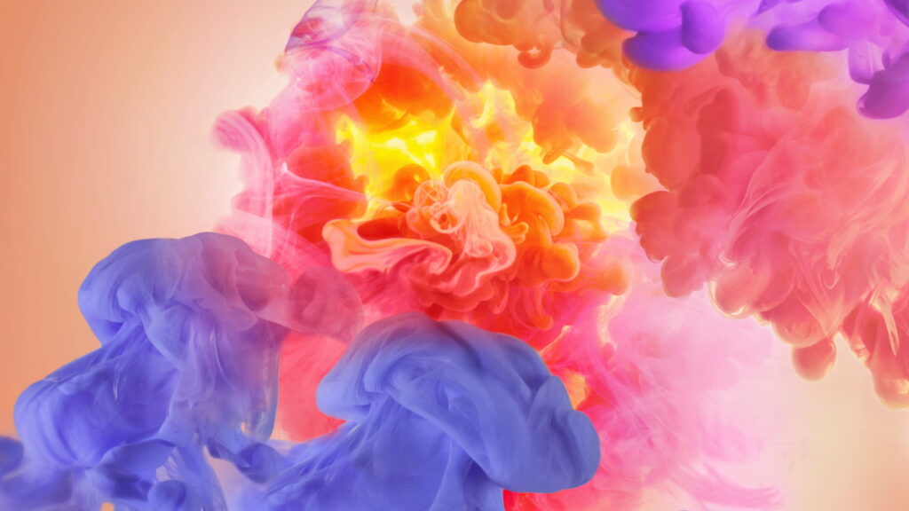 Vibrant purple pink and orange smoke swirls in dynamic fluid motion 4K abstract wallpaper background