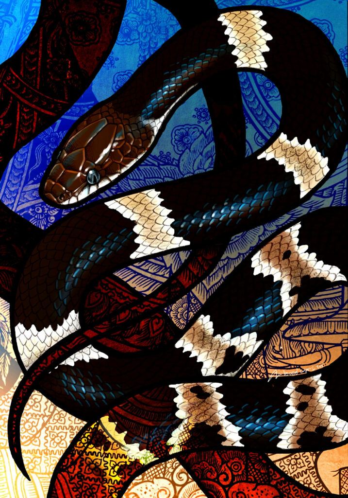 Vibrant Snake Wallpaper: Bold Patterns in Blue, Black, and Gold